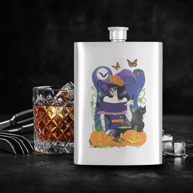 Halloween Witch Sugar Skull Hip Flask (Creator Uploaded)