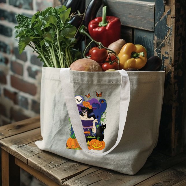 Halloween Witch Sugar Skull Large Tote Bag (Creator Uploaded)