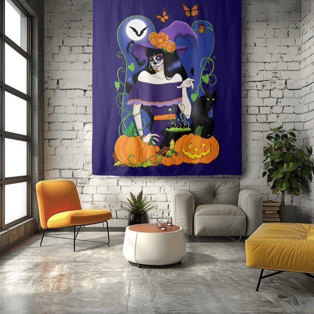 Halloween Witch Sugar Skull Tapestry (Creator Uploaded)