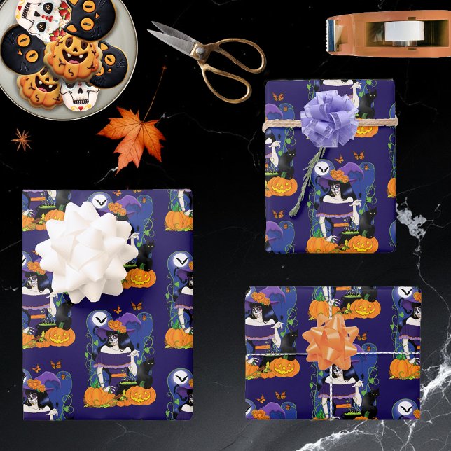 Halloween Witch Sugar Skull Wrapping Paper Sheet (Creator Uploaded)