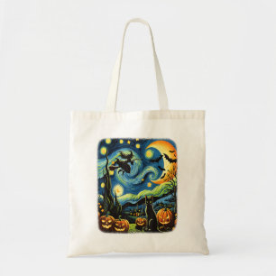 Halloween Witch Van Gogh Starry Night Black Cat Pu Tote Bag