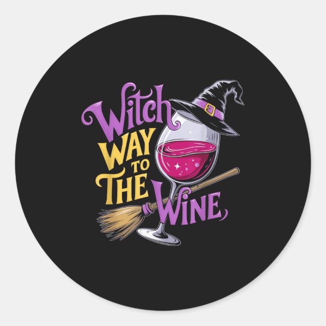 Halloween Witch Way To The Wine Funny Witch Wine L Classic Round Sticker (Front)