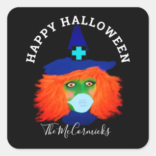 Halloween Witch Wearing Face Mask Script Name Square Sticker