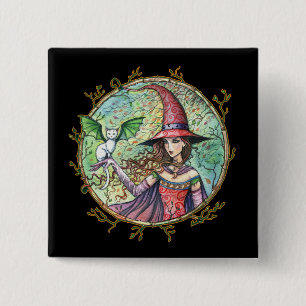 Halloween Witch White Cat Pin Button
