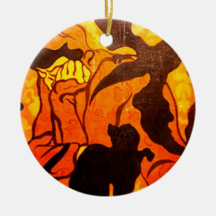 Halloween Witch with a Black Cat Ceramic Ornament