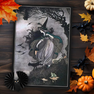 Halloween Witch with Black Cat and Bats Card