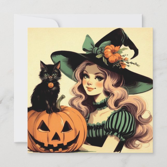Halloween Witch with Black Cat and Jack-o-lantern Card (Front)