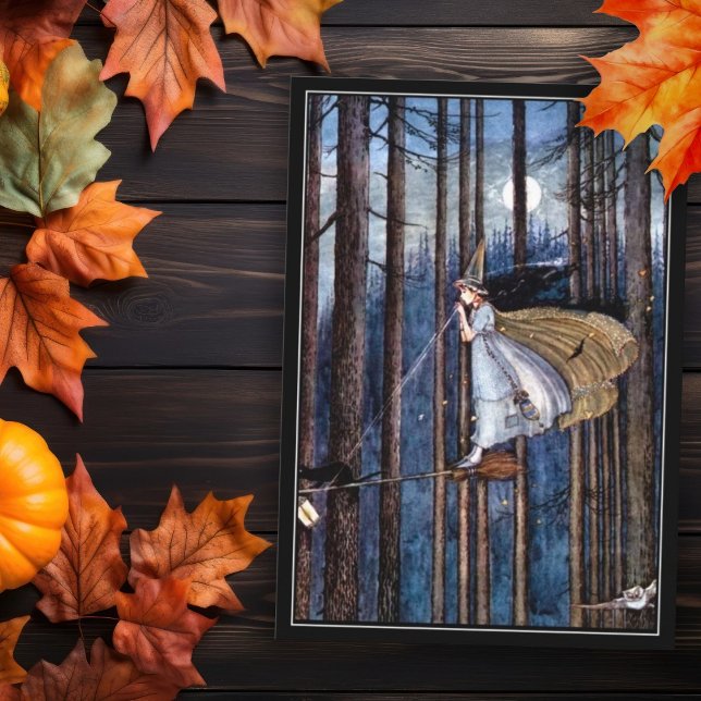 Halloween Witch with Black Cat on Broom Card (Creator Uploaded)