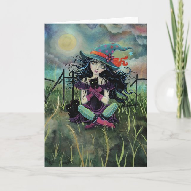 Halloween Witch with Black Cats Fantasy Art Card (Front)