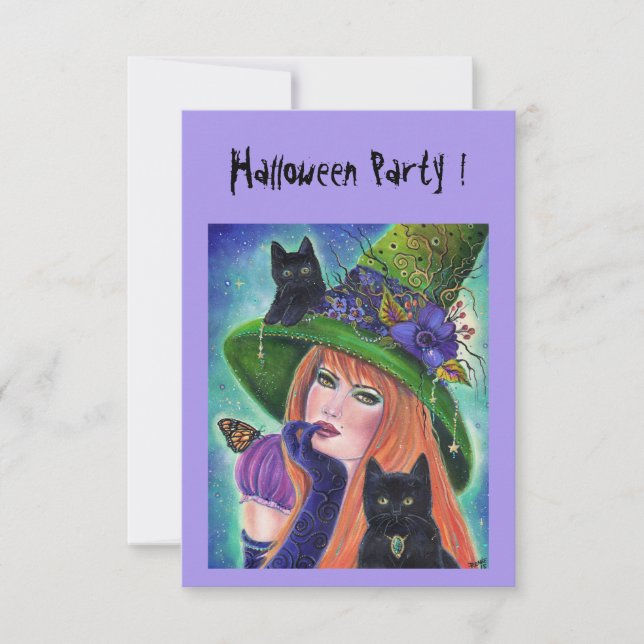 Halloween witch with black cats party invitations (Front)