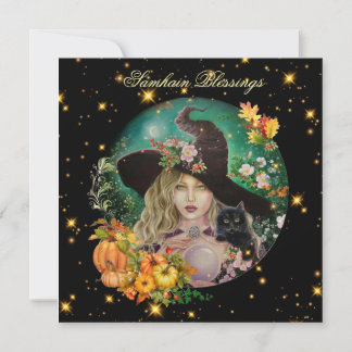 Halloween witch with black kitten greeting card 