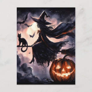 Halloween Witch with Broom and Cat Postcard