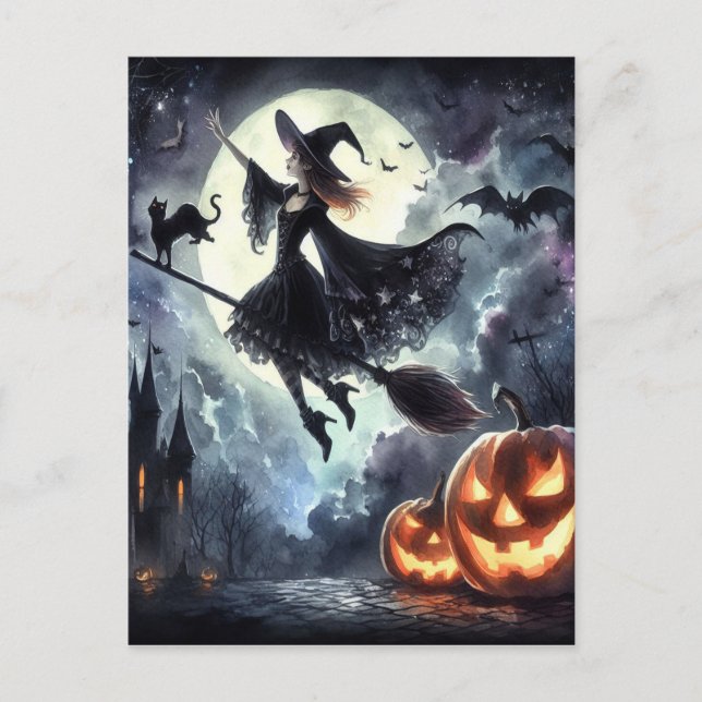 Halloween Witch with Broom and Cat Postcard (Front)