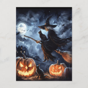 Halloween Witch with Broom and Cat Postcard