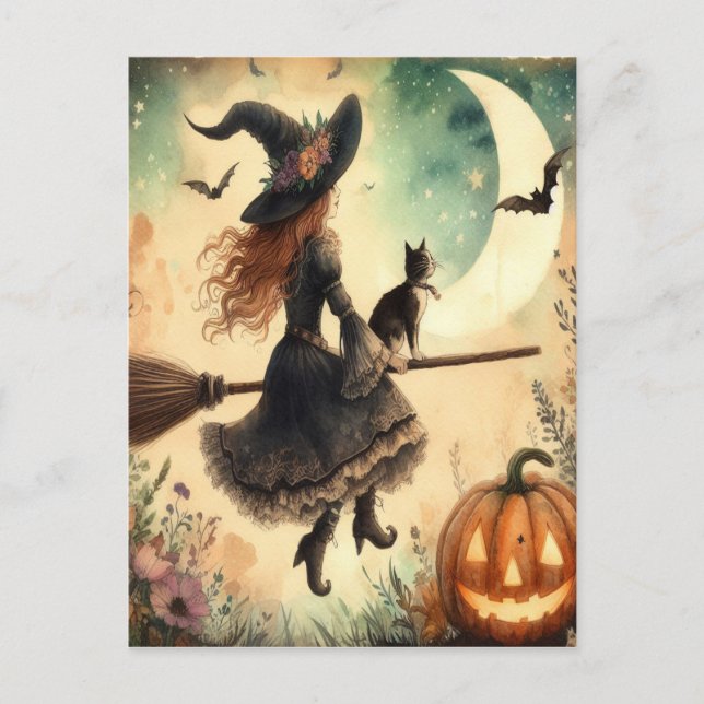Halloween Witch with Broom and Cat Postcard (Front)