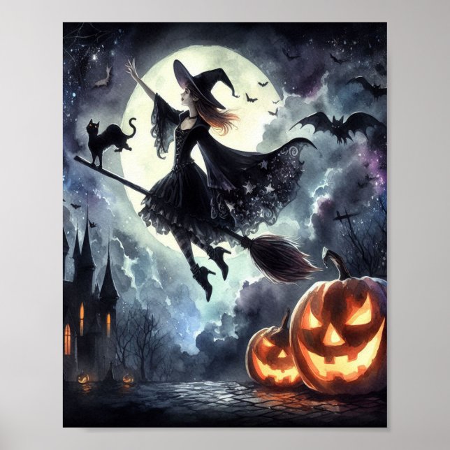 Halloween Witch with Broom and Cat Poster (Front)