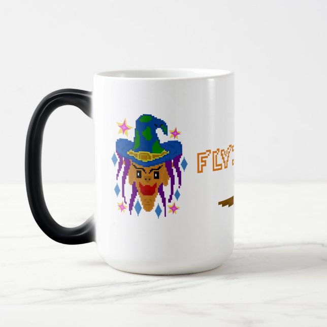  Halloween Witch with Broom – Pixel Art Magic Mug (Left)