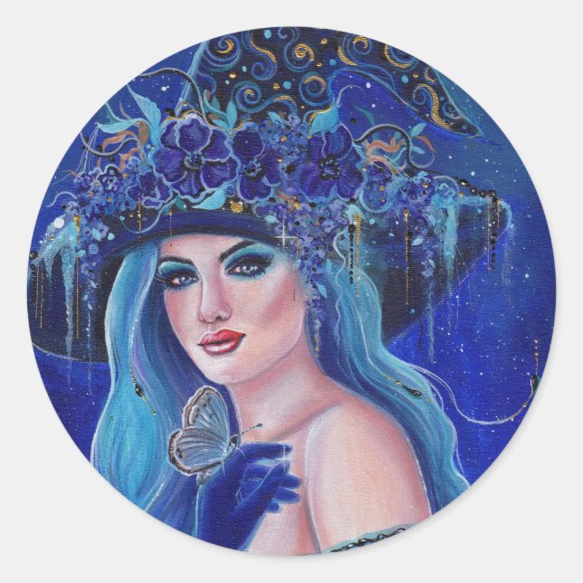 Halloween witch with butterflies by Renee Lavoie Classic Round Sticker (Front)