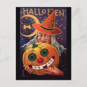 Halloween Witch with Funny Pumpkin Postcard