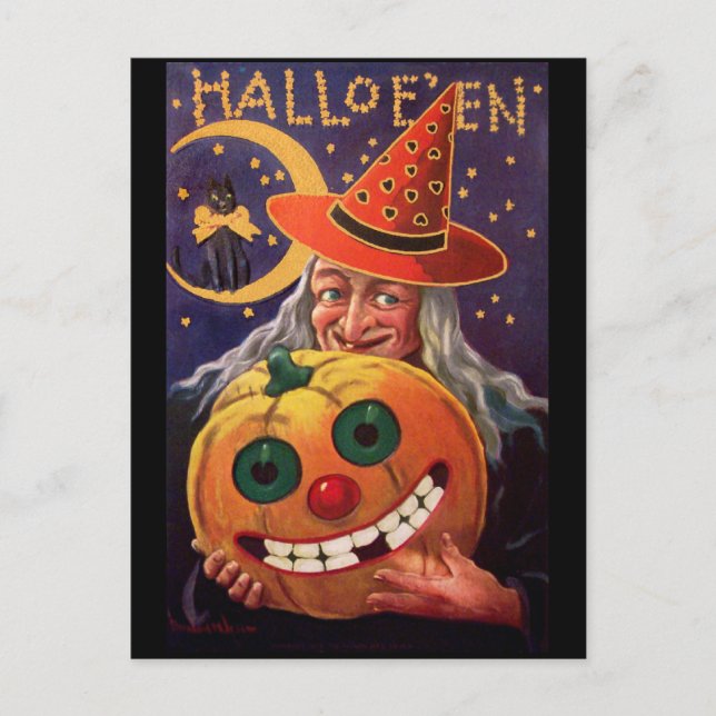 Halloween Witch with Funny Pumpkin Postcard (Front)