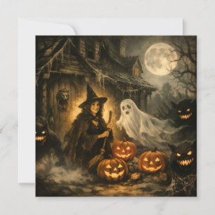 Halloween Witch with Ghost, Monsters and Pumpkins Holiday Card