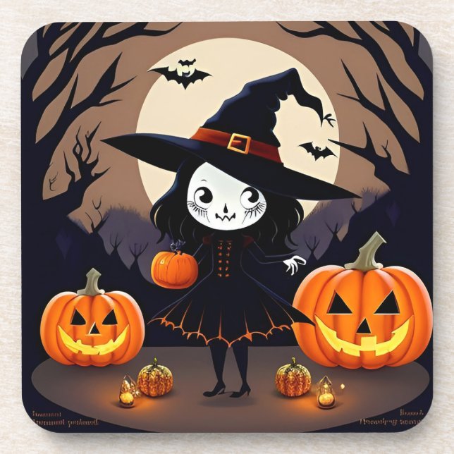 Halloween Witch with Pumpkins Coaster (Front)