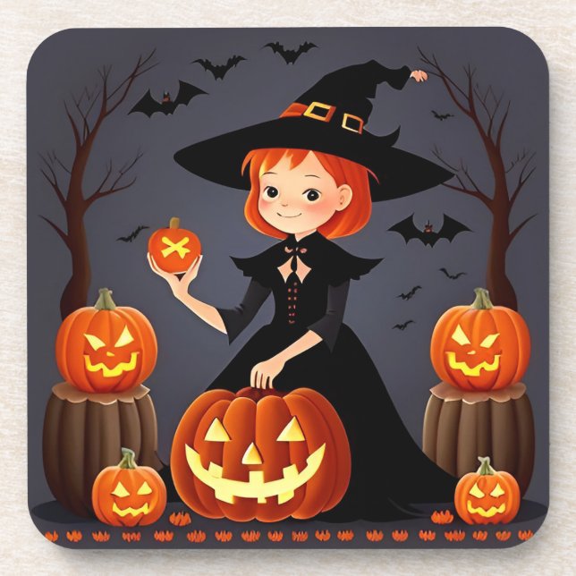 Halloween Witch with Pumpkins Coaster (Front)