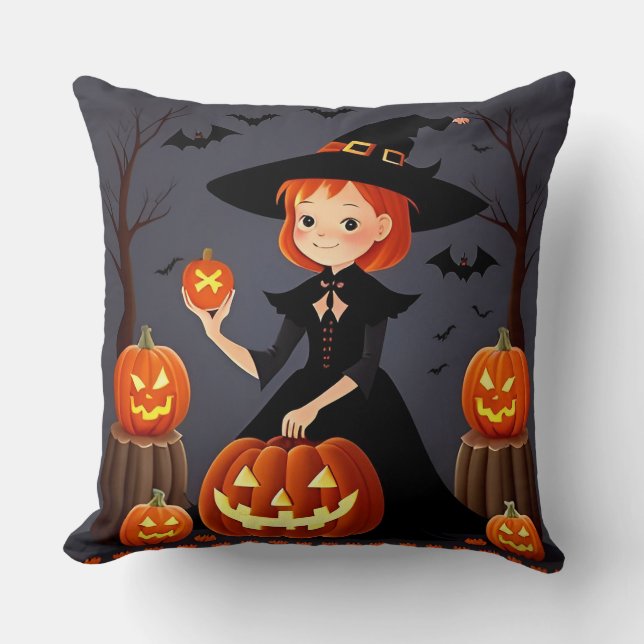 Halloween Witch with Pumpkins Cushion (Front)