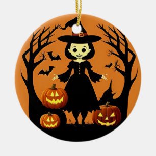Halloween Witch with Pumpkins in Spooky Setting Ceramic Ornament
