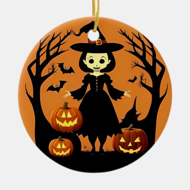 Halloween Witch with Pumpkins in Spooky Setting Ceramic Ornament (Front)