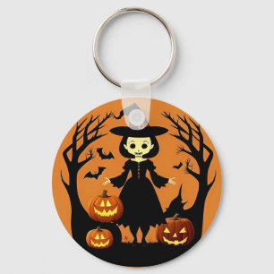 Halloween Witch with Pumpkins in Spooky Setting Key Ring