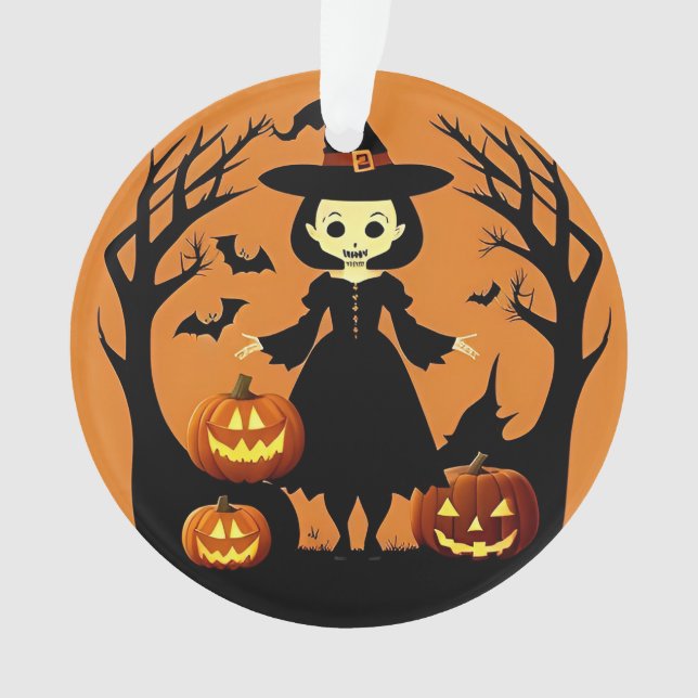 Halloween Witch with Pumpkins in Spooky Setting Ornament (Front)