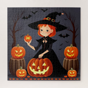 Halloween Witch with Pumpkins Jigsaw Puzzle