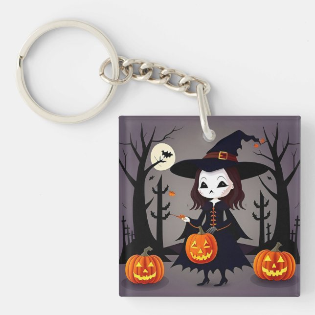 Halloween Witch with Pumpkins Key Ring (Front)