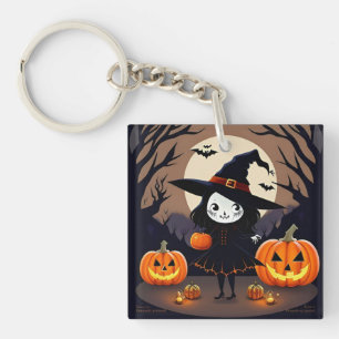 Halloween Witch with Pumpkins Key Ring