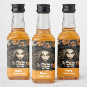 Halloween witch with pumpkins liquor bottle label