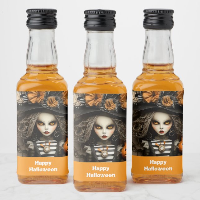 Halloween witch with pumpkins liquor bottle label (Bottles)