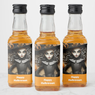 Halloween witch with pumpkins liquor bottle label