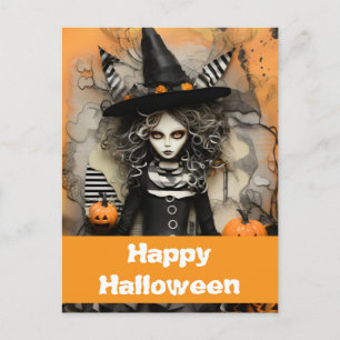Halloween witch with pumpkins postcard