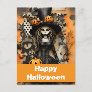 Halloween witch with pumpkins postcard