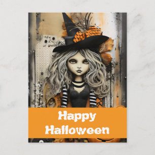 Halloween witch with pumpkins postcard