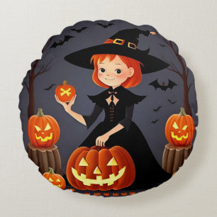 Halloween Witch with Pumpkins Round Cushion
