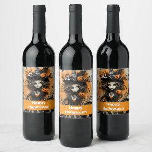 Halloween witch with pumpkins wine label