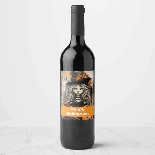 Halloween witch with pumpkins wine label (Front)