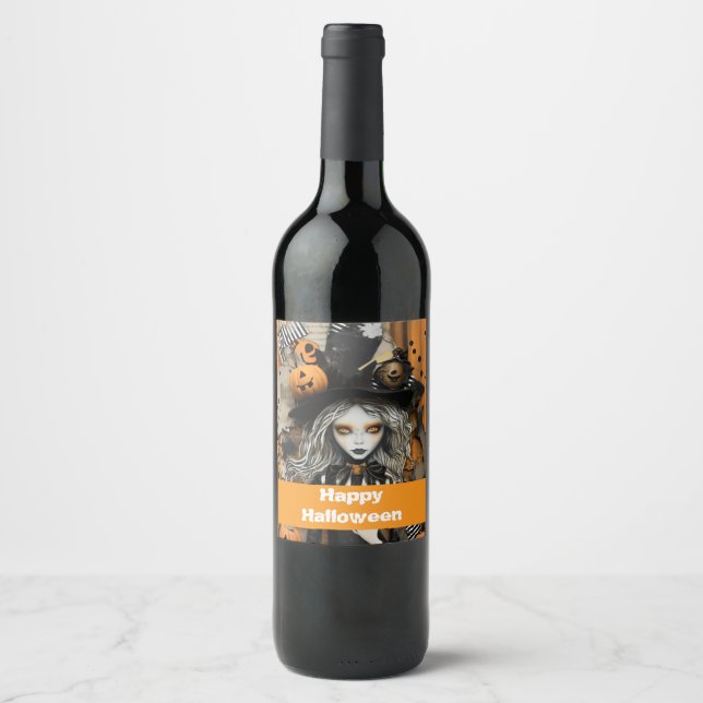 Halloween witch with pumpkins wine label (Front)