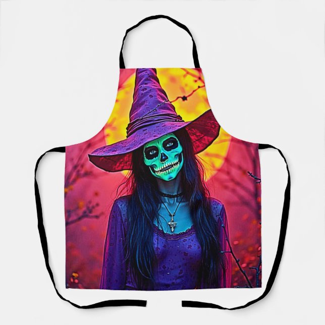 Halloween Witch with Skull Face Design Apron (Front)