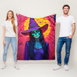 Halloween Witch with Skull Face Design Fleece Blanket