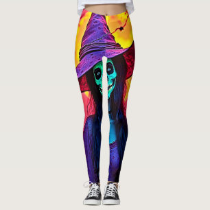 Halloween Witch with Skull Face Design Leggings