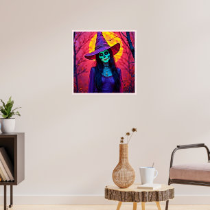Halloween Witch with Skull Face Design Poster