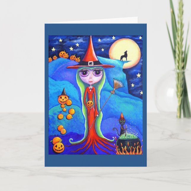 Halloween Witch Wolf Black Cat Cauldron Pumpkins Card (Front)